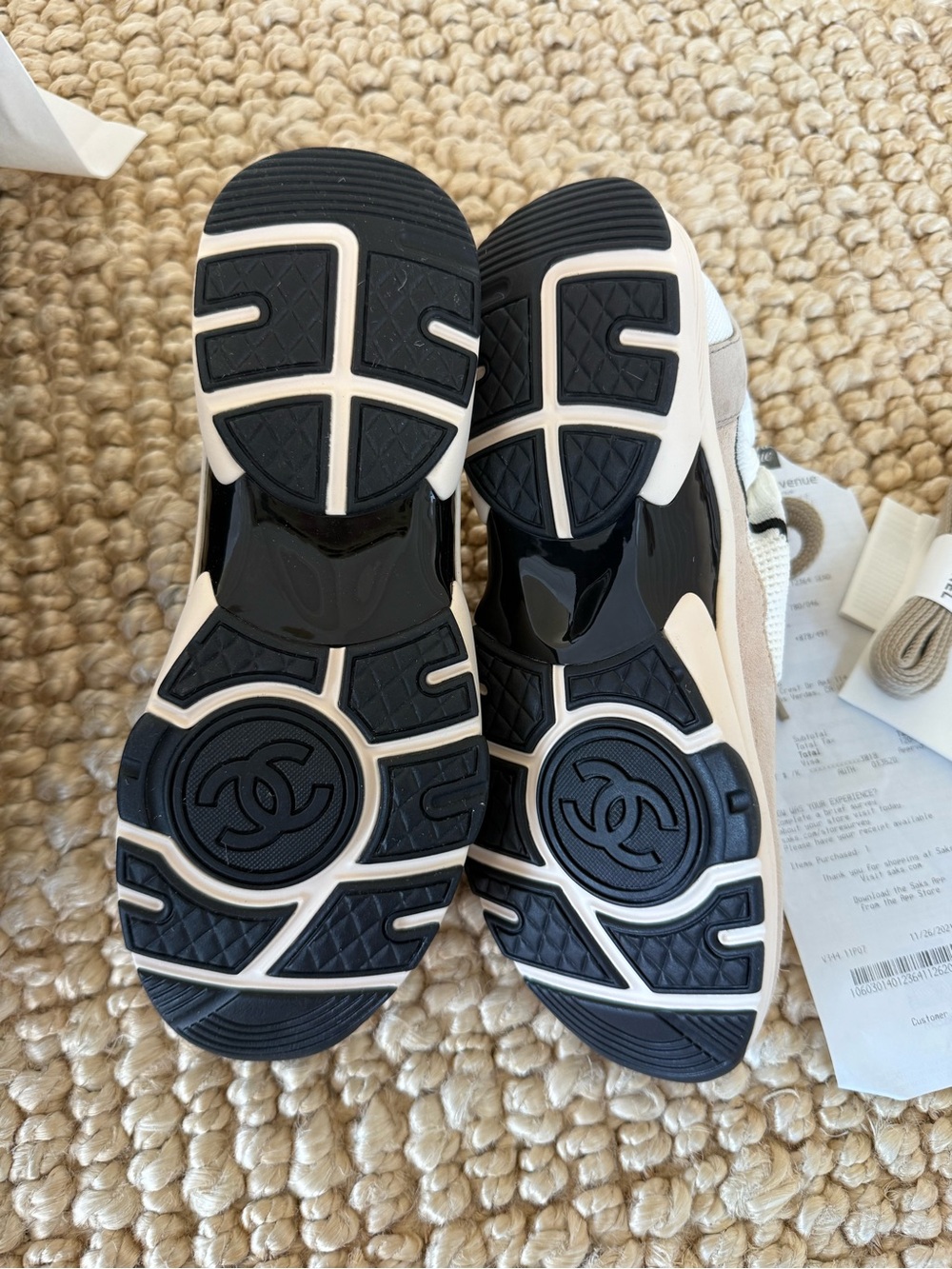 CHANEL Beige, White & Black CC Logo Chunky Knit Sneakers - Picture 4 of 6